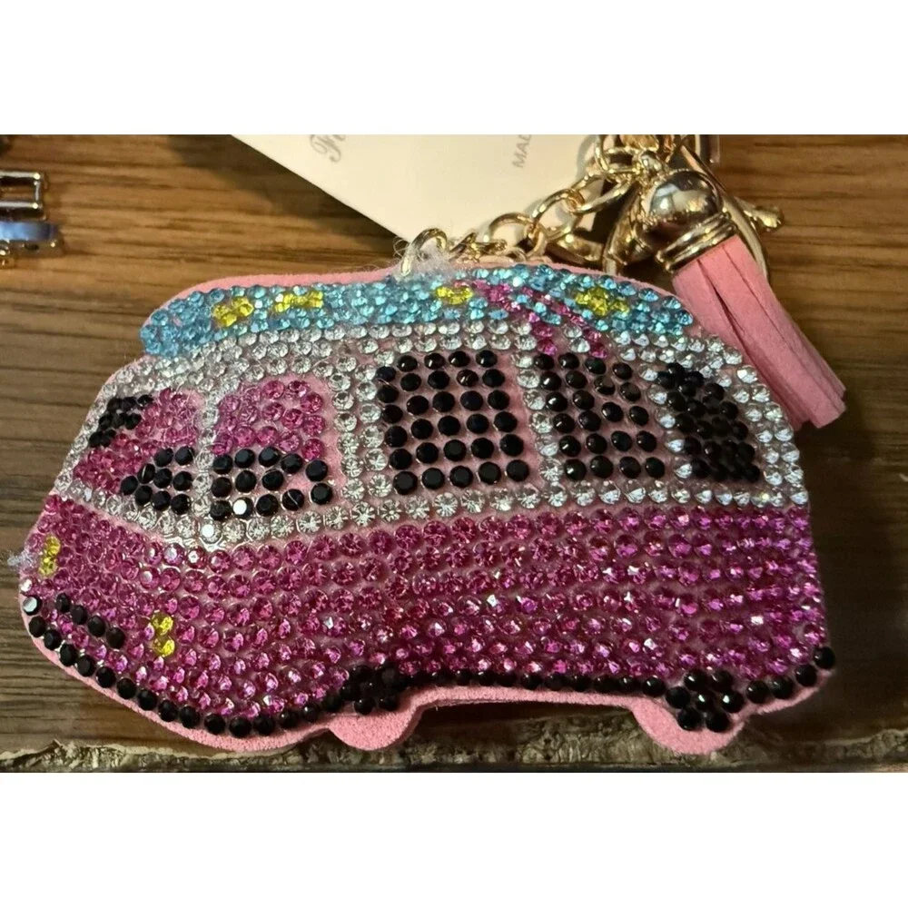 Peace Hippie Van Crystal Bag Charm Rainbow Bling Keychain Tassel NIP